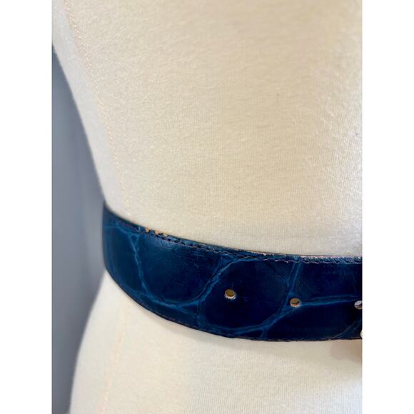 VTG Kandell and Marcus Navy Blue Croc Embossed Leather Belt Gold Buckle, XL